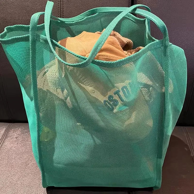 Large Capacity Canvas Beach bag Versatile Commuting Shopping Shoulder bag Lightweight Semi Transparent Mesh Hollow bag