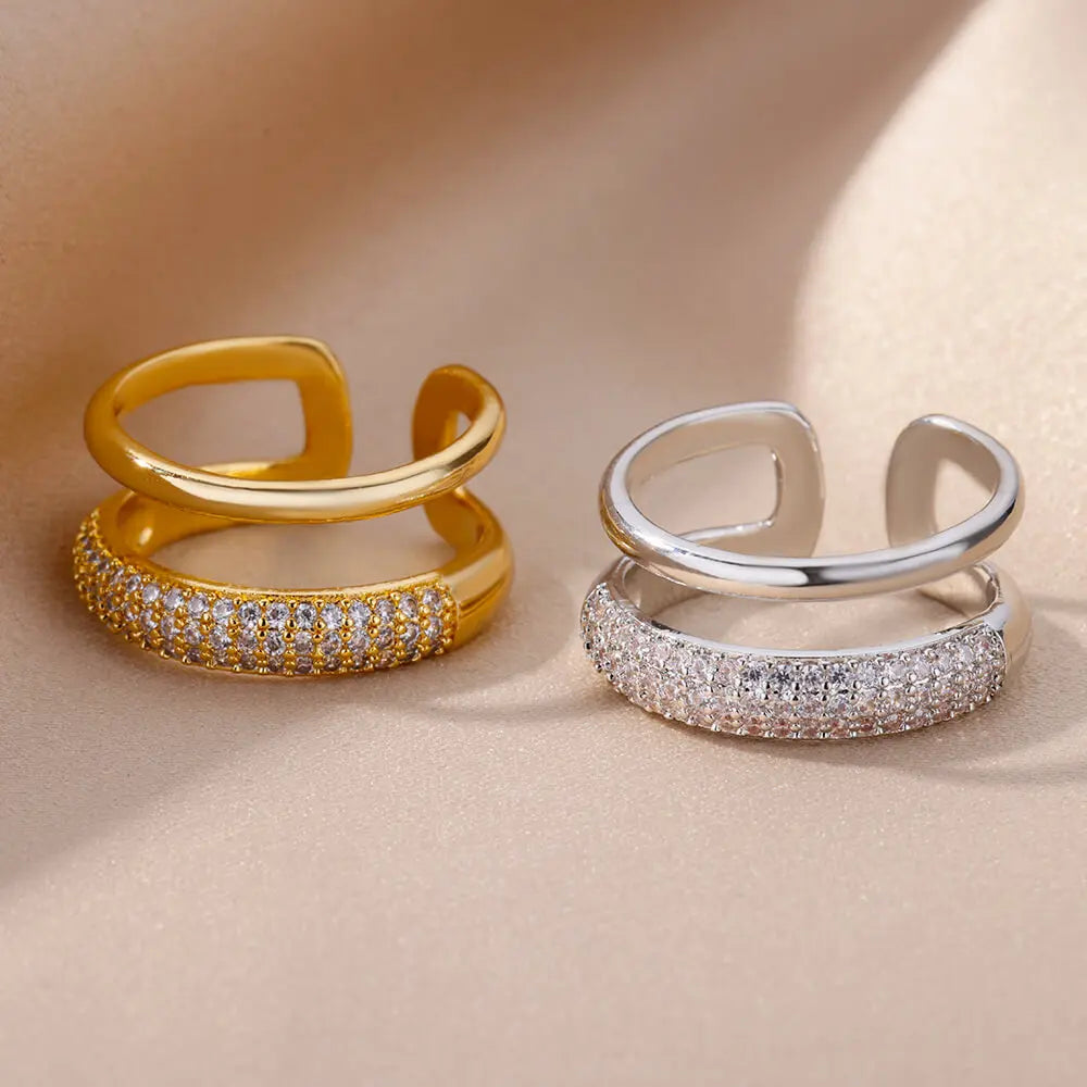 Zircon Double Layer Open Rings For Women Gold Color Adjustable Stainless Steel Ring Wedding Aesthetic Jewelry Gift Bijoux Femme