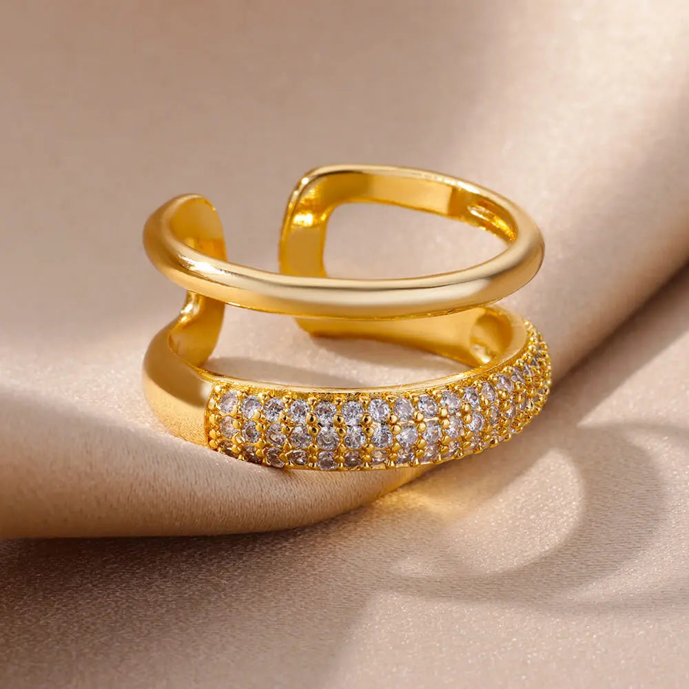Zircon Double Layer Open Rings For Women Gold Color Adjustable Stainless Steel Ring Wedding Aesthetic Jewelry Gift Bijoux Femme