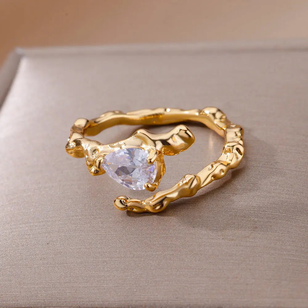 Water Drop Zircon Texture Rings For Women Gold Plated Stainless Steel Adjustable Ring 2023 Trend Wedding Aesthetic Jewelry Gift